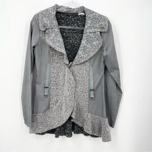 Forla Paris Cardigan Size Medium Floral Boho Metallic Gray Ruffle Asymmetrical‎